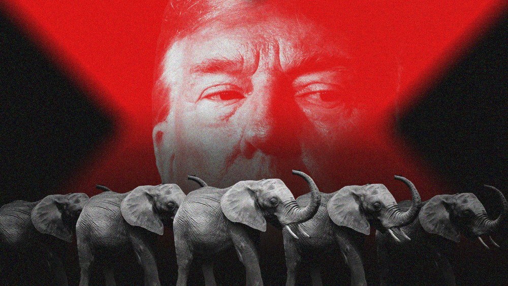 Image: Trump's image with a red overlay in the background with an army of elephants in the foreground