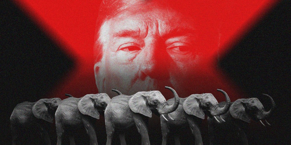 Image: Trump's image with a red overlay in the background with an army of elephants in the foreground
