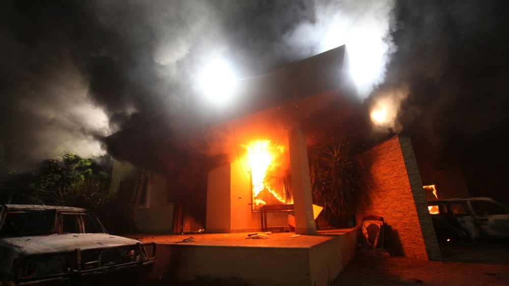 The U.S. Consulate in Benghazi is seen in flames in this file photo taken September 11, 2012.