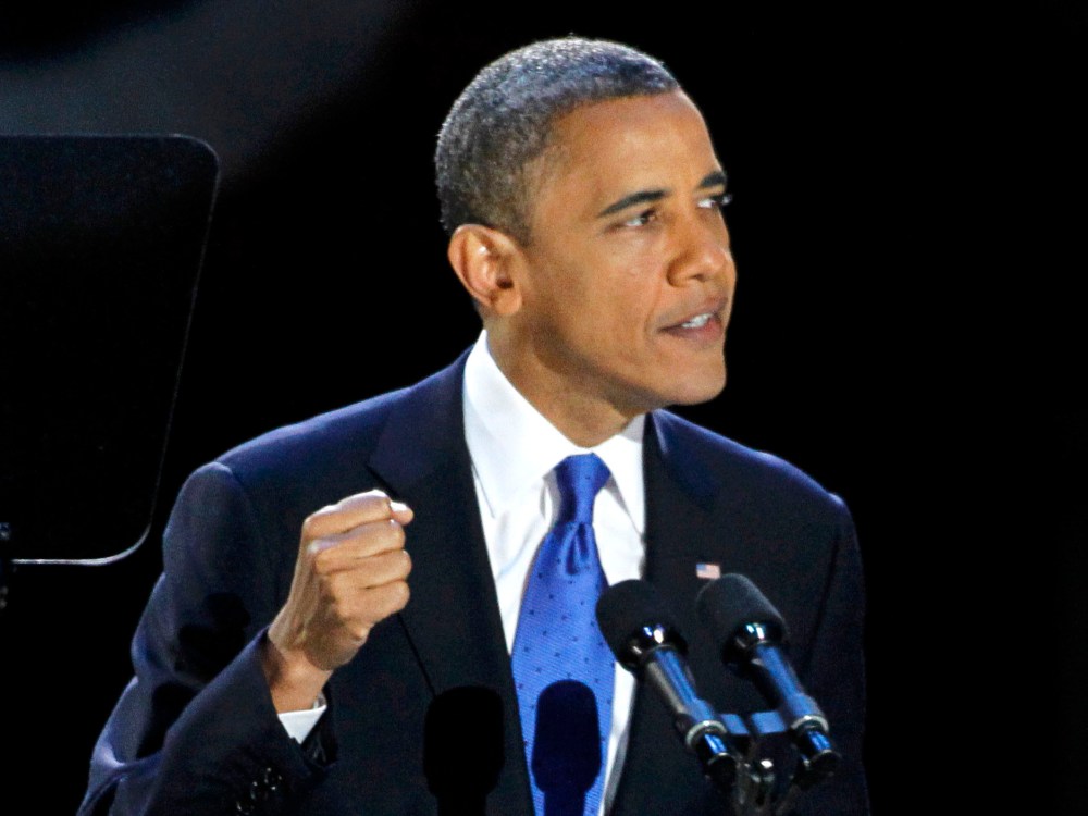 U.S. President Barack Obama  will talk about the looming fiscal cliff today. IN the photo above, the president addresses supporters at his election night victory rally in Chicago, November 6, 2012.  (Photo by REUTERS/Jim Bourg)