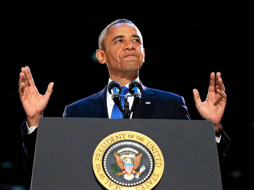 U.S. President Barack Obama speaks during his election night victory rally in Chicago, November 7, 2012. (Photo by REUTERS/Jason Reed)