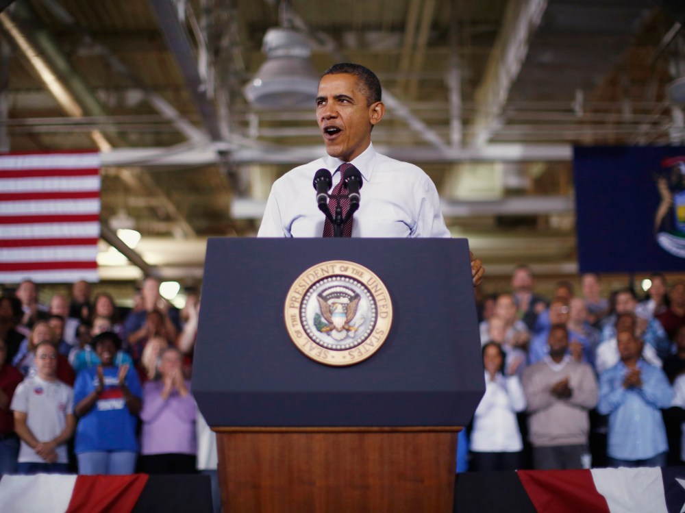 U.S. President Barack Obama delivers remarks after his tour of the Daimler Detroit Diesel plant in Redford, Michigan, December 10, 2012. Obama traveled to Michigan for an event on the economy. (Photo by Jason Reed/Reuters)