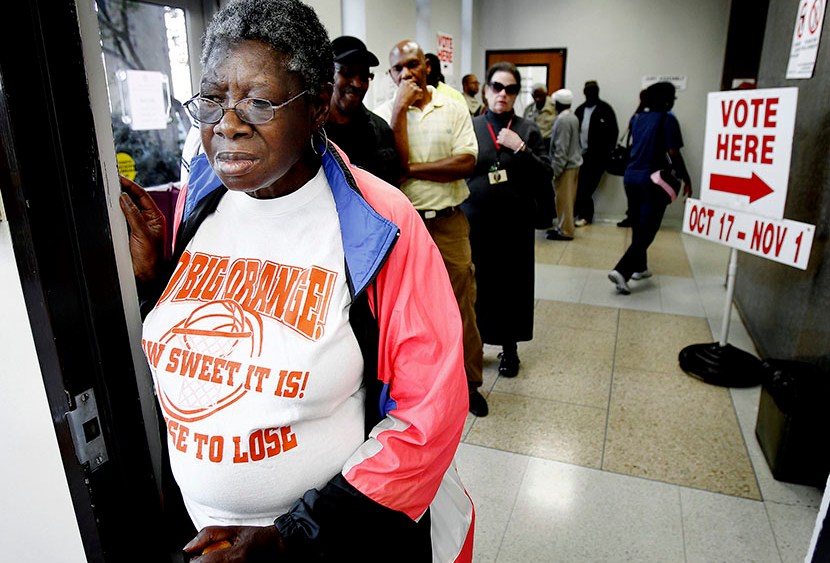 Virginia Louise Boner, 69, (front) waits in line with fellow Shelby County residents during the first day of early voting, October 17, 2012 in Memphis, TN (Photo by Mark Weber/The Commercial Appeal/ZUMAPRESS.com)
