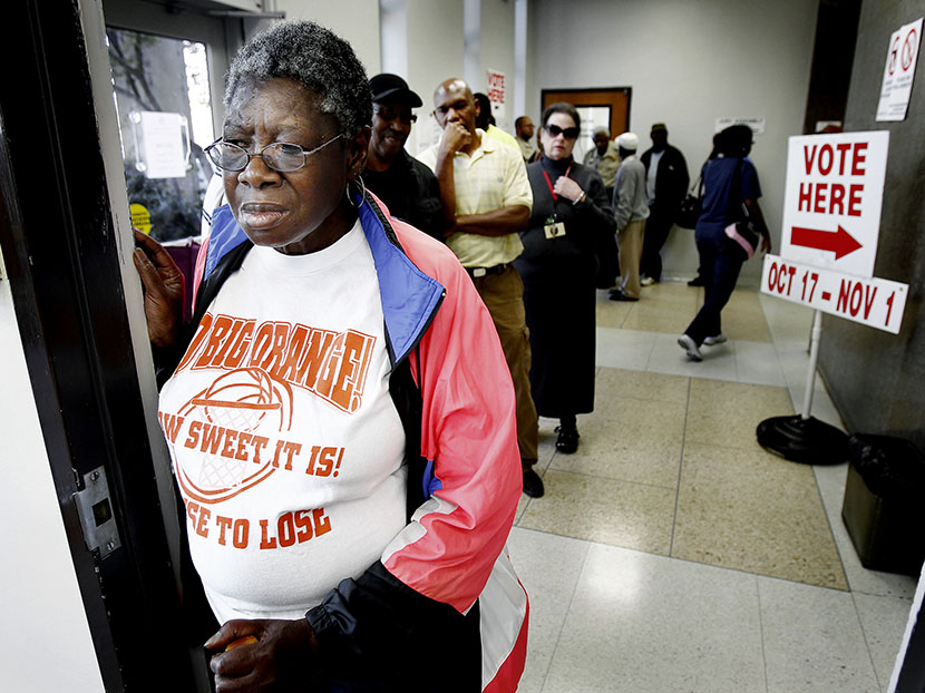 Virginia Louise Boner, 69, (front) waits in line with fellow Shelby County residents during the first day of early voting, October 17, 2012 in Memphis, TN (Photo by Mark Weber/The Commercial Appeal/ZUMAPRESS.com)