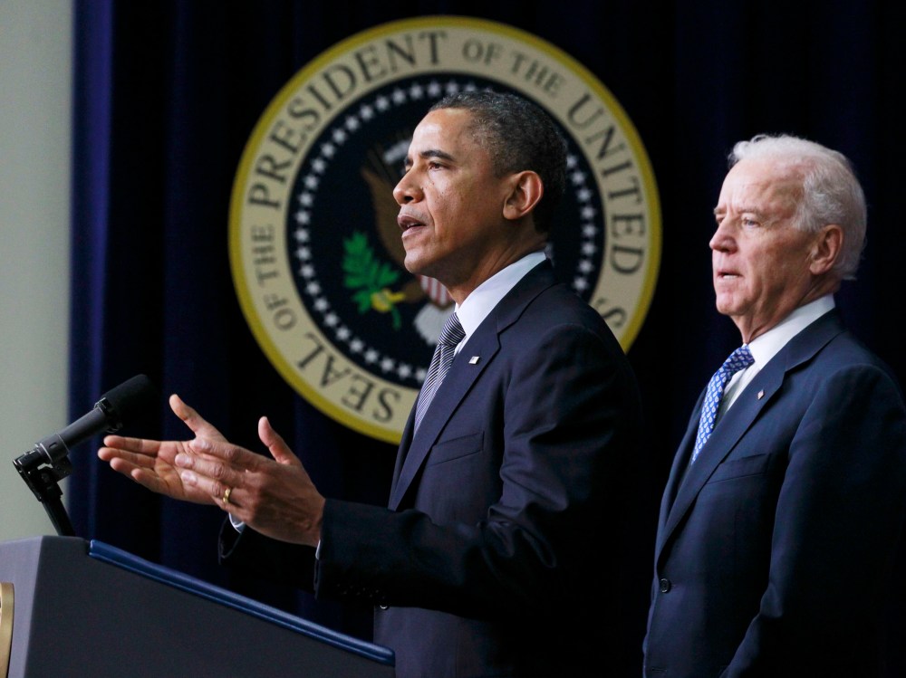 U.S. President Barack Obama (L) unveils a series of proposals to counter gun violence as Vice President Joe Biden looks on during an event at the White House in Washington, January 16, 2013. Vice President Joe Biden delivered his recommendations to...