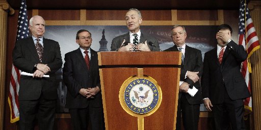 (L-R) Senators John McCain (R-AZ), Robert Menendez (D-NJ), Charles Schumer (D-NY), Richard Durbin (D-IL) and Marco Rubio (R-FL) attend a news conference on comprehensive immigration reform at the U.S. Capitol in Washington January 28, 2013. REUTERS...