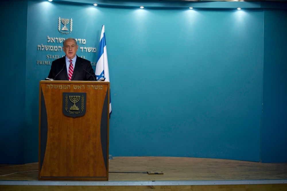 Israel's Prime Minister Benjamin Netanyahu delivers a statement at his office in Jerusalem November 24, 2013.