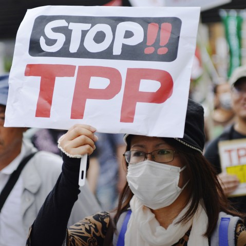 A woman protests against the Trans-Pacific Strategic Economic Partnership Agreement, or TPP, during a demonstration at Ginza, Chuo, Tokyo, Japan on May 25, 2013. (Photo by Koichiro Suzuki/AFLO/ZUMA)