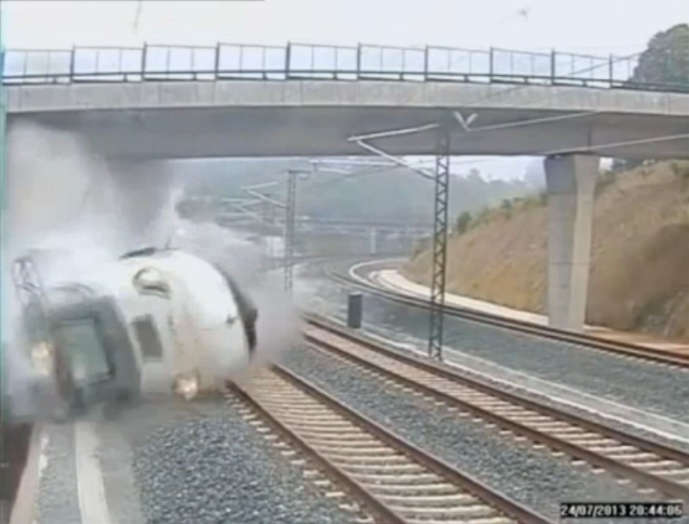 July 25, 2013 - Santiago de Compostela, Spain - A frame grab from a security video camera shows a train derailing. At least 78 people have been killed in the passenger train derailment in north-western Spain. More than 140 were hurt, 36 seriously,...