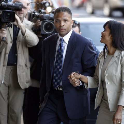 Aug. 14, 2013 - Washington, District of Columbia, U.S. - JESSE JACKSON Jr. and his wife SANDI arrive at the federal courhouse in Washington, DC, for a sentencing hearing on Wednesday.  Jackson Jr. was sentenced to 30 months behind bars and his wife,...
