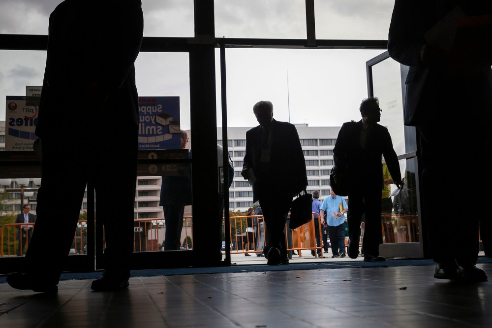 People enter the Nassau County Mega Job Fair at Nassau Veterans Memorial Coliseum in Uniondale, New York on Oct. 7, 2014.