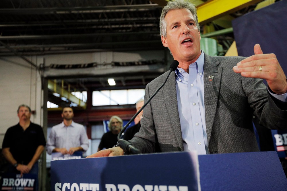 Republican candidate for the United States Senate Scott Brown speaks at a campaign rally at Gilchrist Metal Fabricating in Hudson, N.H. on Oct. 5, 2014.
