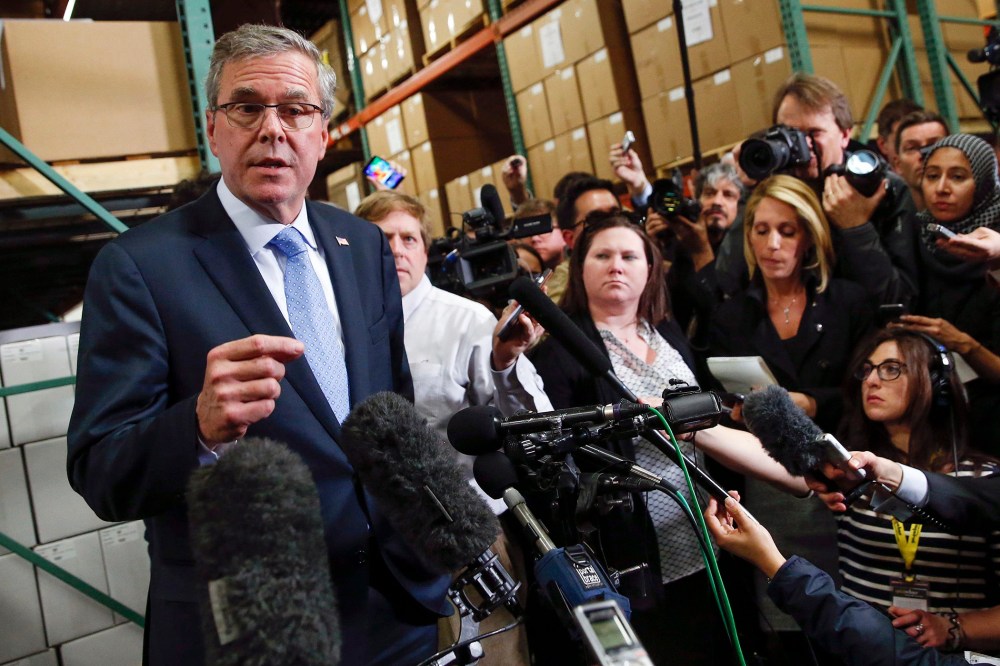Former Florida Governor Jeb Bush speaks to the media after visiting Integra Biosciences during a campaign stop in Hudson, N.H. on March 13, 2015.