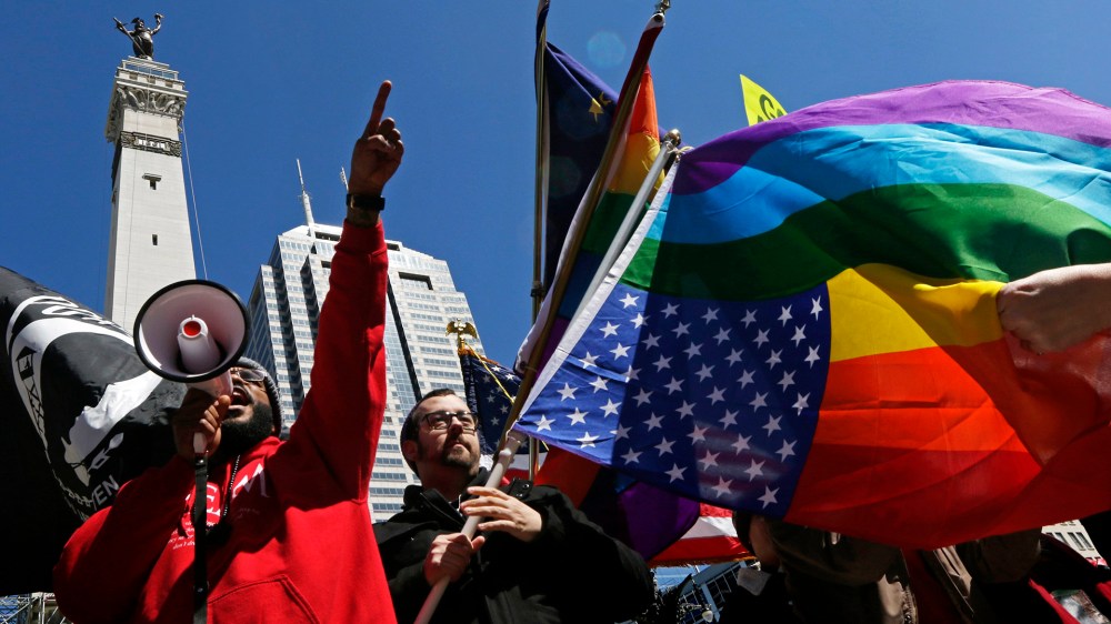 Demonstrators protest a controversial religious freedom bill recently signed by Governor Mike Pence, in Indianapolis on March 28, 2015. (Photo by Nate Chute/Reuters)