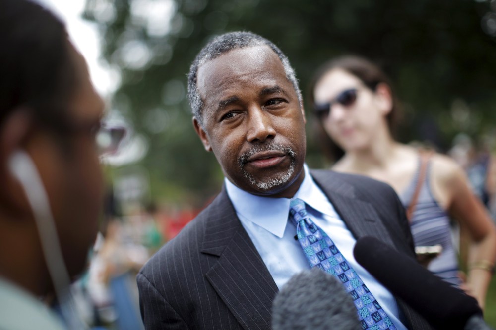 Republican presidential candidate Dr. Ben Carson talks to reporters after speaking at an event at Capitol Hill in Washington, D.C., July 28, 2015. (Photo by Carlos Barria/Reuters)