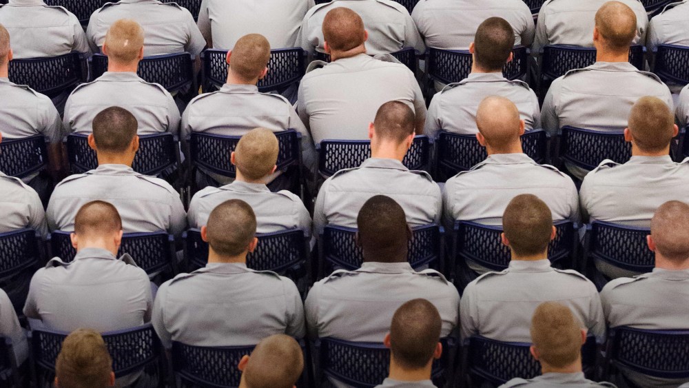 Cadets at the Citadel Military College listen as a Republican presidential candidate speaks during an address, Charleston, S.C., Nov. 18, 2015. (Photo by Richard Ellis/ZUMA)