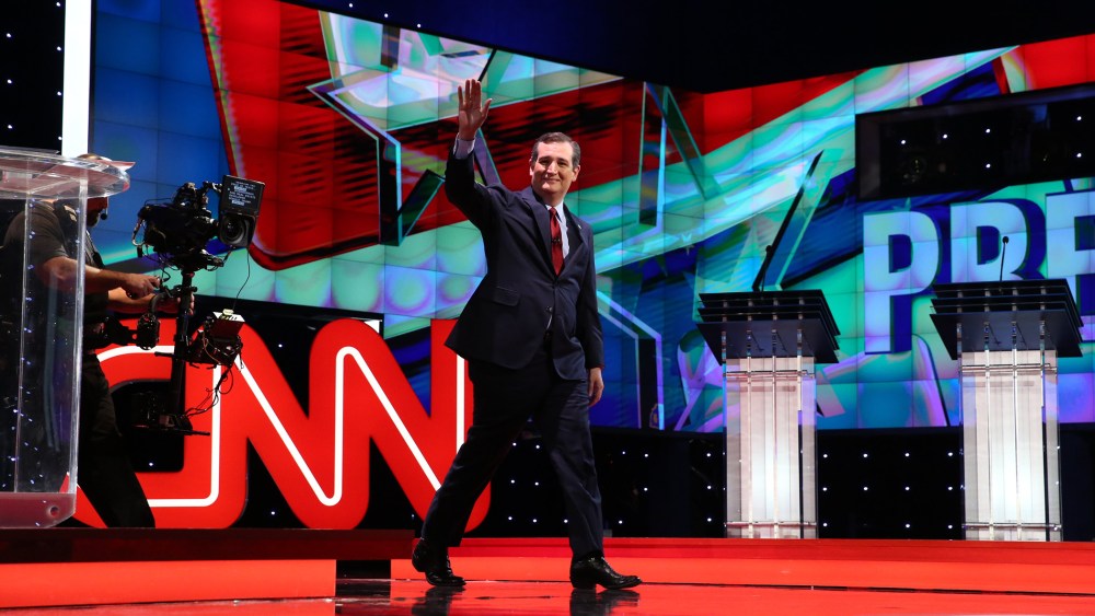 GOP candidate Ted Cruz is introduced during the Republican presidential debate hosted by CNN at The Venetian in Las Vegas, Nev., Dec. 15, 2015. (Photo by Ruth Fremson/NYT/ZUMA)