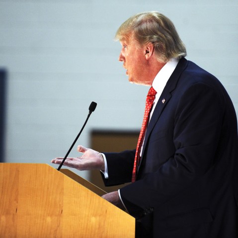 Donald Trump speaks at a campaign event at Pennichuck Middle School, Nashua, N.H., Dec. 28 2015. (Photo by Imago/ZUMA)