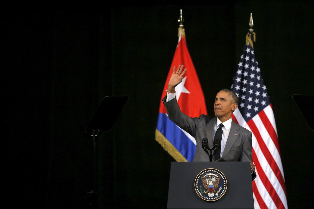 U.S. President Barack Obama waves as he arrives to deliver a speech at the Gran Teatro in Havana, Cuba March 22, 2016. (Photo by Carlos Barria/Reuters)