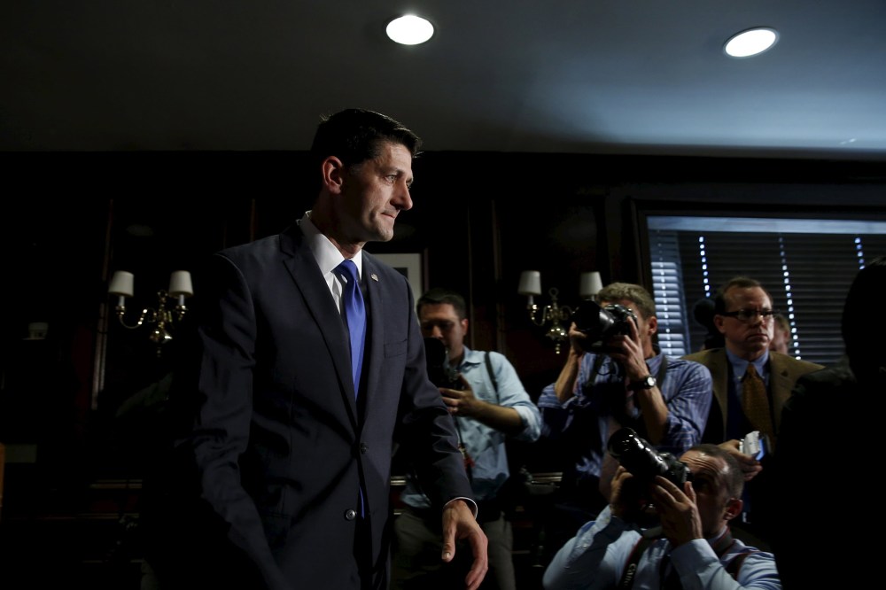U.S. House Speaker Paul Ryan leaves after making a statement to the media on Capitol Hill in Washington, D.C., ruling himself out as a potential 2016 presidential candidate April 12, 2016. (Photo by Yuri Gripas/Reuters)