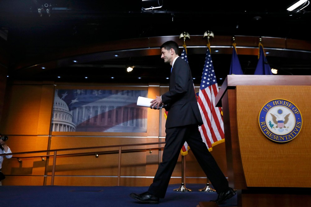 U.S. House Speaker Paul Ryan (R-WI) departs a news conference with Capitol Hill reporters following a private meeting with Republican U.S. presidential candidate Donald Trump in Washington, D.C., May 12, 2016. (Photo by Jim Bourg/Reuters)