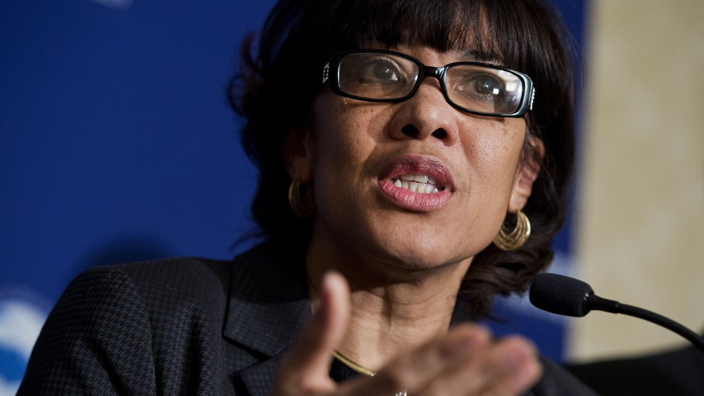 Mayor Karen Weaver of Flint, Mich., speaks at a Conference of Mayors 84th Winter Meeting press briefing at the Capitol Hilton, Jan. 20, 2016. (Photo By Tom Williams/CQ Roll Call/Newscom/ZUMA)