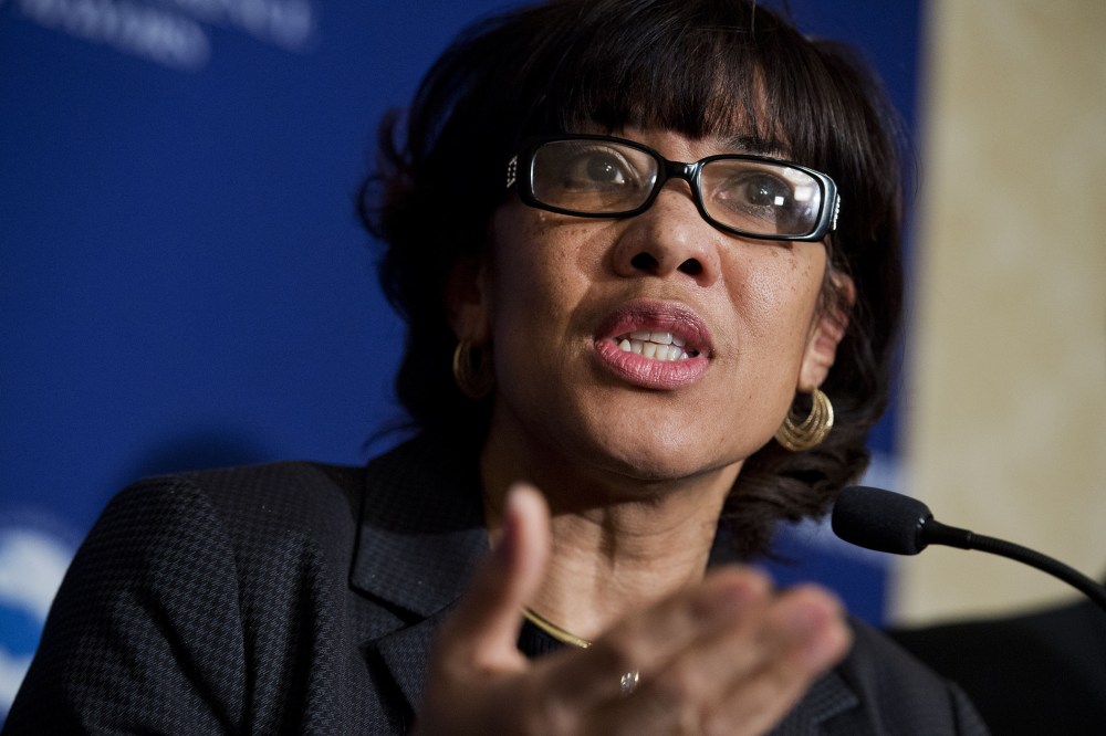 Mayor Karen Weaver of Flint, Mich., speaks at a Conference of Mayors 84th Winter Meeting press briefing at the Capitol Hilton, Jan. 20, 2016. (Photo By Tom Williams/CQ Roll Call/Newscom/ZUMA)