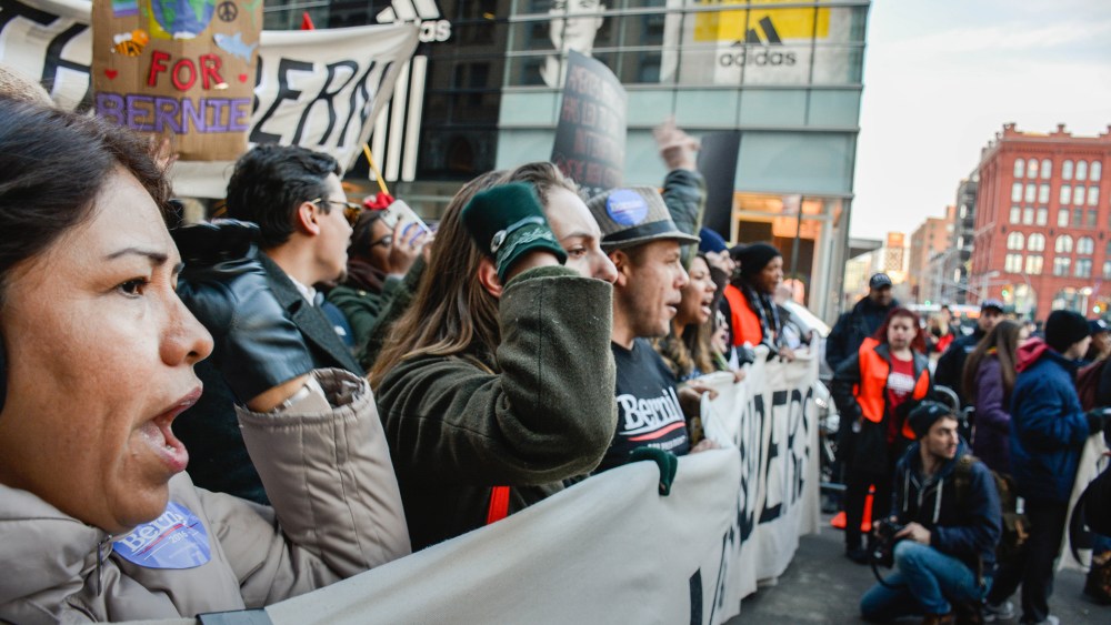 Drawing huge numbers, a crowd from March for Bernie NYC makes its way downtown from Union Square to Zuccotti Park on Jan. 30, 2016. (Photo by Angel Zayas/Pacific Press/ZUMA)