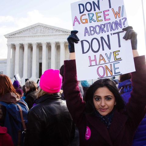 Demonstrators assembled in front of the Supreme Court steps in Washington D.C. on March 2, 2016 as the Court heard oral arguments in the Whole Woman's Health v. Hellerstedt case. (Photo by Jeff Malet/Newscom/ZUMA)