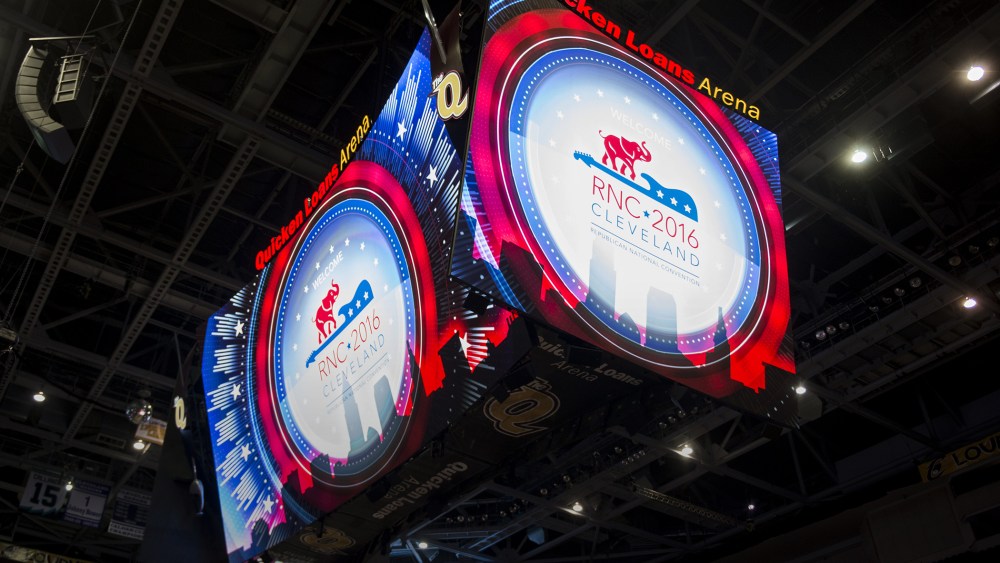 The RNC's graphics light up the Quicken Loans Arena, who will host the 2016 Republican National Convention in Cleveland, Ohio. (Photo by Bill Clark/Congressional Quarterly/Newscom/ZUMA)