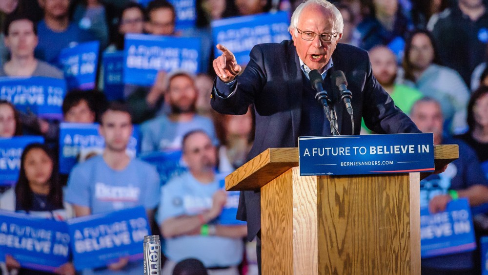 Democratic Presidential candidate Bernie Sanders speaks to supporters at a campaign rally on the New Haven green in New Haven, Conn., April 25, 2016. (Photo by Bill Shettle/ZUMA)