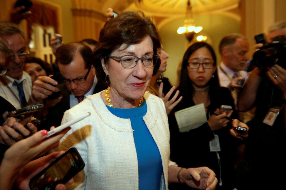 Image: FILE PHOTO: Senator Susan Collins talks to reporters