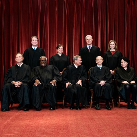 Justices of the U.S. Supreme Court during a formal group photograph at the Supreme Court in Washington, D.C. on April 23, 2021.