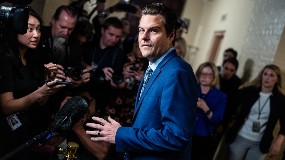 Rep. Matt Gaetz, R-Fla., talks with reporters in the U.S. Capitol on Oct. 3, 2023.