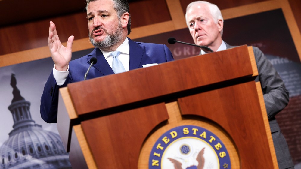 U.S. Sen. Ted Cruz (R-TX) and  Sen. John Cornyn (R-TX), speak to journalists in Washington, DC. on May 3, 2023.