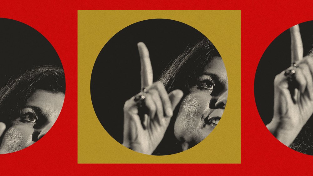 Circle cutouts against a red background of GOP 2024 Presidential Candidate Nikki Haley