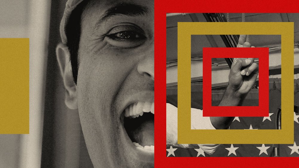 Collage of GOP 2024 Candidate Vivek Ramaswamy overlaid with red and yellow square cutouts
