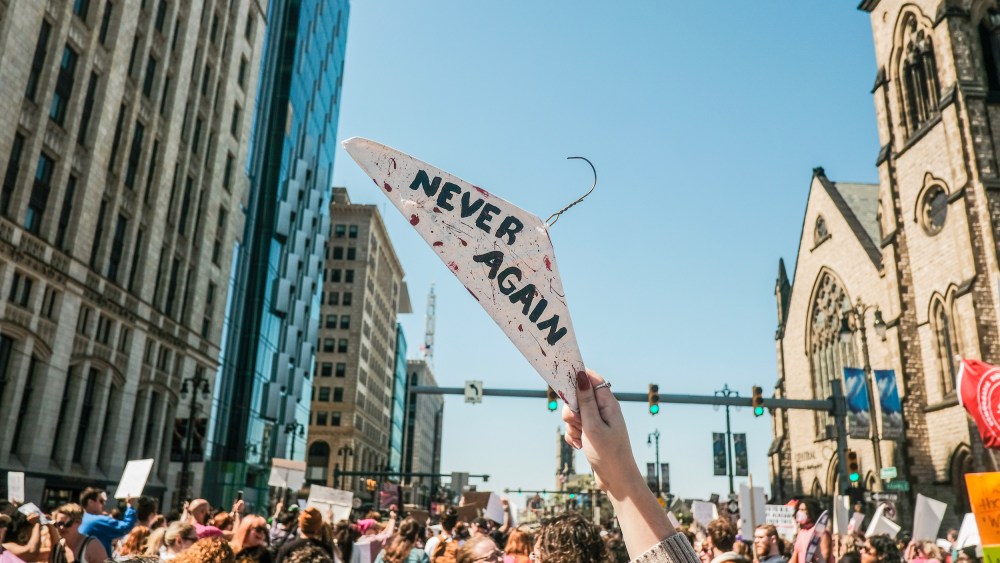 Pro-choice activists march to protest a leaked document that showed that the U.S Supreme Court was prepared to overturn Roe v. Wade in Detroit, Mich. on May 7, 2022.