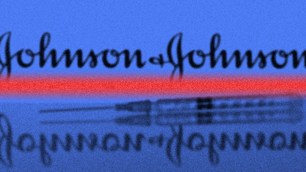 A scan line over a vaccine with the Johnson & Johnson logo in the background and its reflection on the surface.