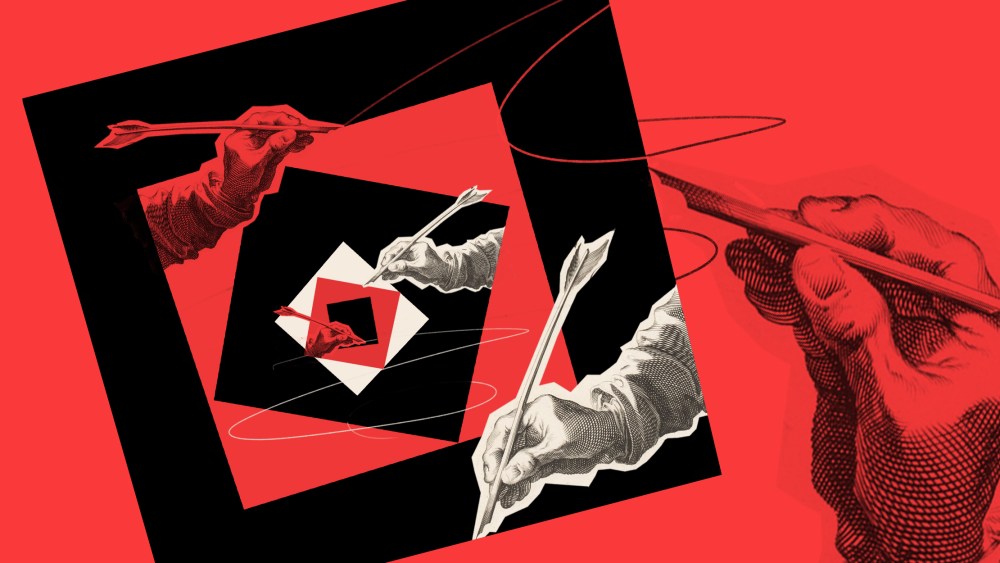 Photo illustration: Infinite loop of a hand drawing a square that holds another hand drawing another square.