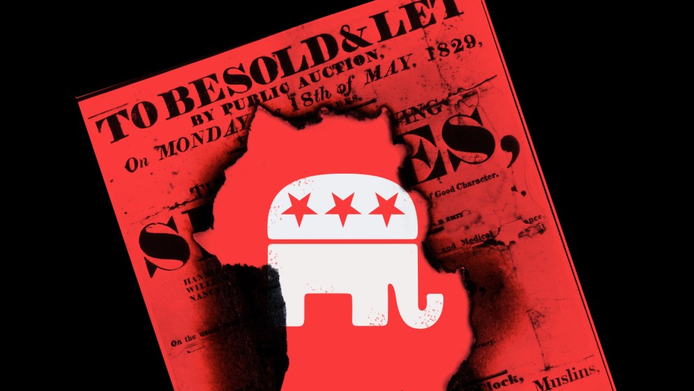 Photo illustration: The GOP logo behind a burnt hole in a poster for a slave auction.