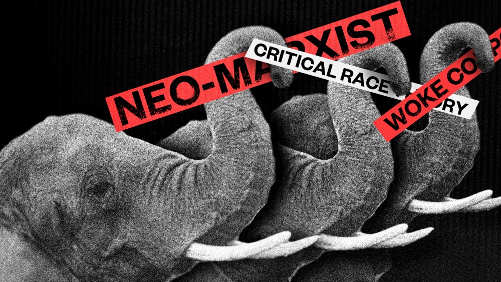 Photo illustration: Three elephants raise their trunks up holding red and white sticks that read,"Neo-marxist", "Critical Race Theory" and "Woke Corporation".
