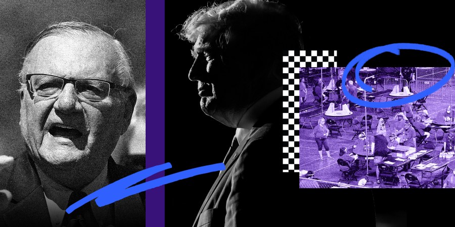 Photo illustration: Joe Arpaio, Donald Trump and an image of the contractors recounting the Maricopa County ballots cast in the 2020 general election.
