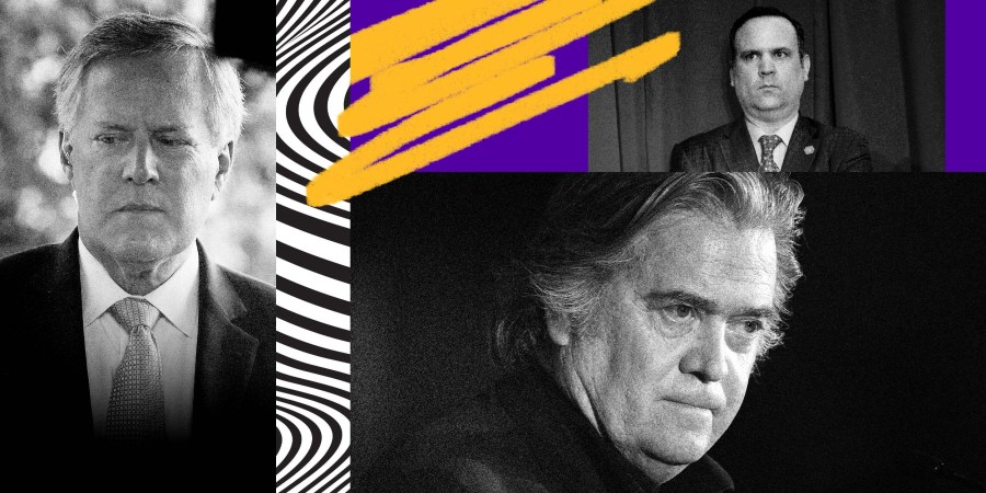 Illustration of Mark Meadows, Steve Bannon and Dan Scavino.