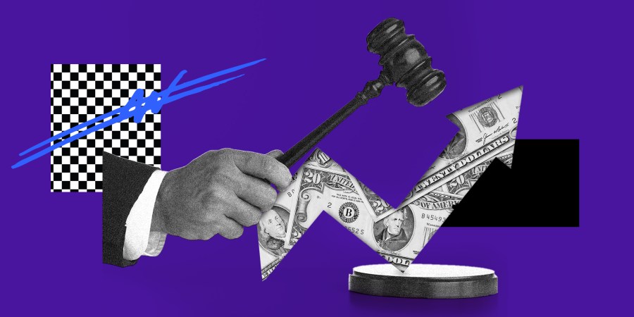 Photo illustration: A hand holding a gavel over a rising arrow which contains money.