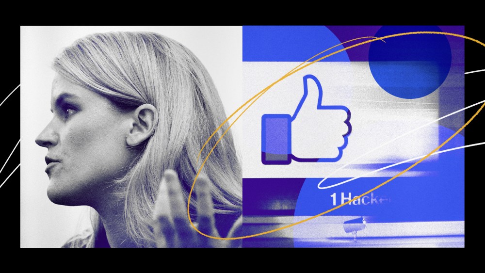 Illustration of former Facebook employee Frances Haugen testifying on Capitol Hill and the Facebook "thumbs up" sign at their headquarters in California.