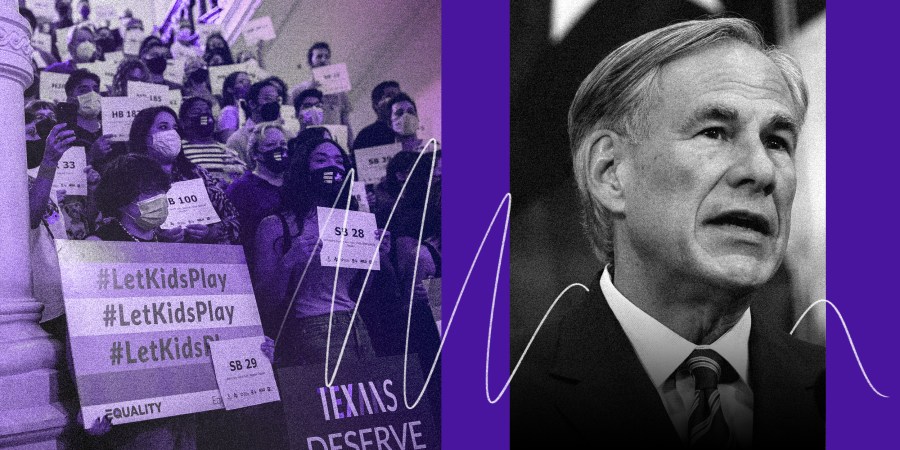 Photo collage: Image of LGBTQ protestors at the Texas State Capitol holding signs that read, 