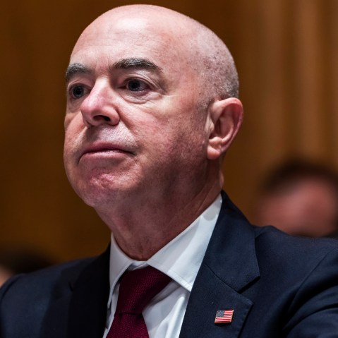 Secretary of Homeland Security Alejandro Mayorkas testifies before a Senate hearing on Sept. 21, 2021.