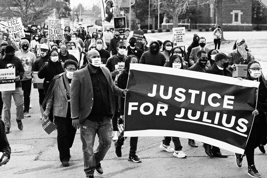 Supporters of Julius Jones, who has been on death row in Oklahoma since 1999, march to the offices of the Oklahoma Pardon and Parole Board in February
