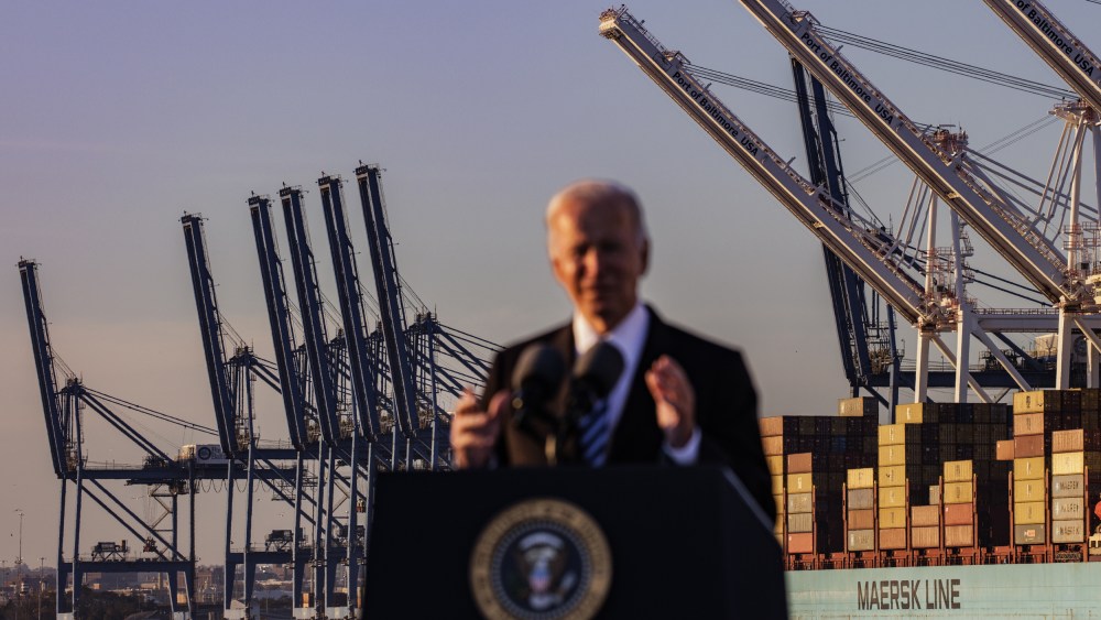 Image: President Joe Biden speaks about the infrastructure deal at the Port of Baltimore in Maryland on Nov. 10, 2021.